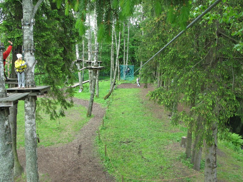 Nõmme seikluspark (Парк приключений Нымме), верёвочные дороги. Спуск с третьей трассы.